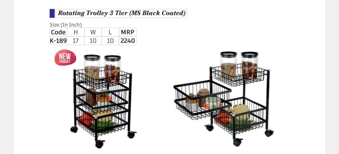 Basket Rotating trolly 3 tier (ms black coated) (K-189)