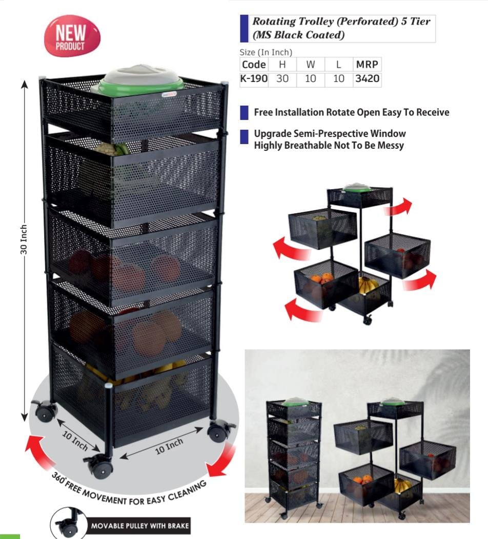 Basket rotating trolley (perforated) 5 tier (ms black coated)(K-190)